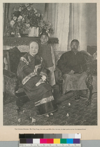 The Chinese Minister, Wu Ting Fong, his wife, and Wu Chu, his son, in their parlor at the Occidental Hotel