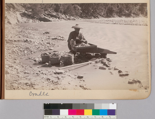 Cradle [Chinese man mining along river]