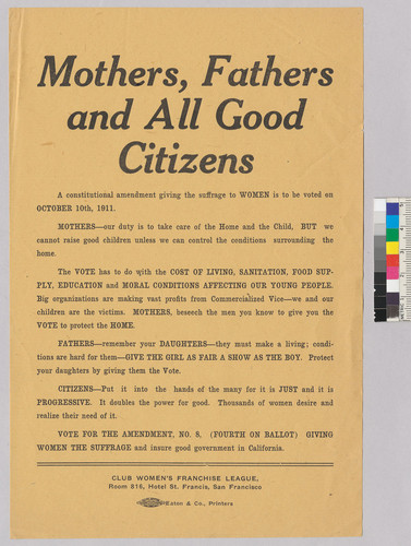 "Mothers, Fathers, and All Good Citizens," women's suffrage leaflet