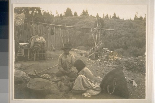 Old couple shucking acorns; Yankee Jim, Placer Co.; 8 September 1902; 1 print, 1 negative