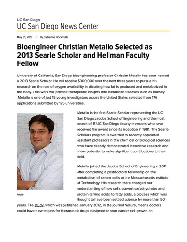 Bioengineer Christian Metallo Selected as 2013 Searle Scholar and Hellman Faculty Fellow