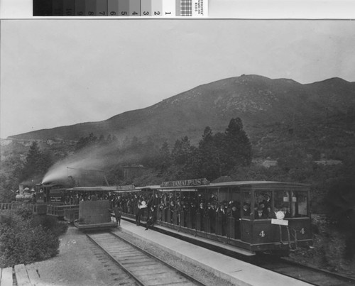 Morning train from the Mount Tamalpais and Muir Woods Railway is stopped at Mesa Station about halfway to the summit of Mount Tamalpais