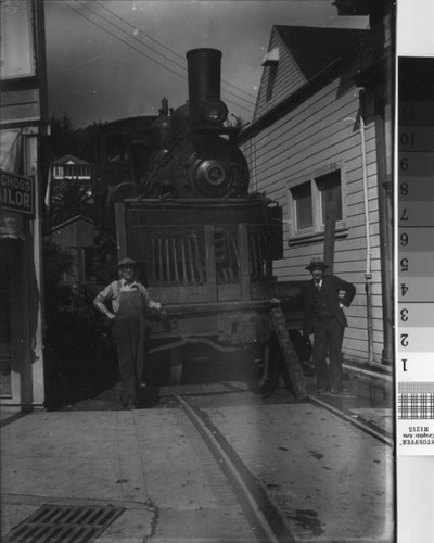 Engine No. 4 from the Mount Tamalpais & Muir Woods Railroad on a flat car to be shipped to the Northwestern Pacific Railroad shops in Tiburon