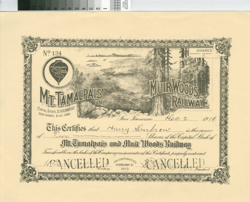 Stock Certificate for the Mount Tamalpais and Muir Woods Railway