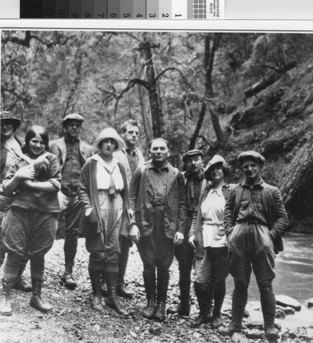 Hikers on Mount Tamalpais; Elsa Reeves, age 13, holding dog with family and friends