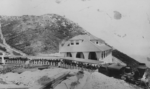 Mount Tamalpais and Muir Woods Railway train at the Tavern of Tamalpais station on the peak of Mount Tamalpais