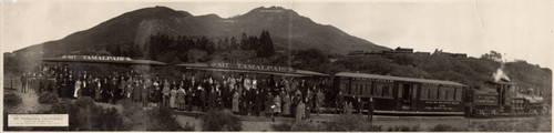 Panorama of train and passengers at Double Bow Knot half way up Mount Tamalpais on the Mount Tamalpais and Muir Woods Railway