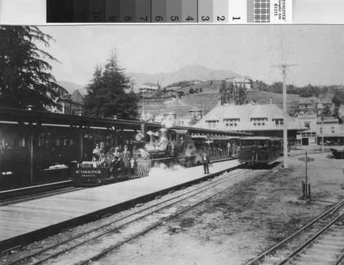 Gravity car and train from the Mount Tamalpais and Muir Woods Railway in the Mill Valley station