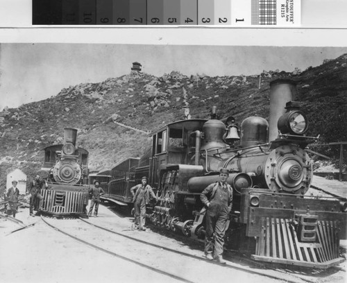 Two trains at the summit of Mount Tamalpais on the Mount Tamalpais and Muir Woods Railroad