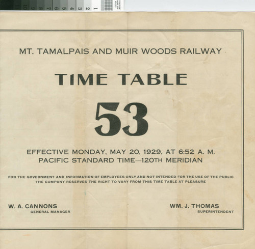 Mt. Tamalpais and Muir Woods Railway Time Table 53