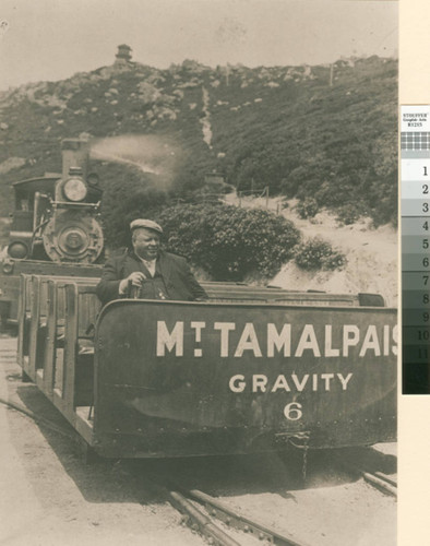 Mount Tamalpais and Muir Woods Railway gravity car No. 6 heading down the mountain with one passenger