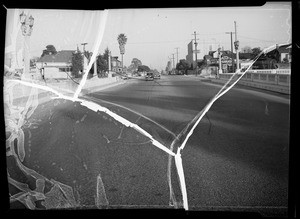 Skid marks on East 4th Street Bridge, Los Angeles, CA, 1936