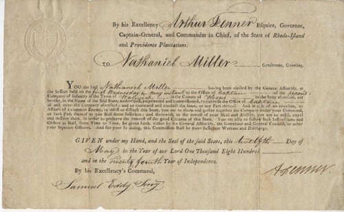 Certificate of Nathaniel Millerd's election to office of Captain in Rhode Island infantry