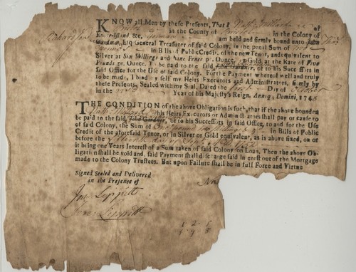 Certificate of Nathan Millerd's debt to the colony of Rhode Island