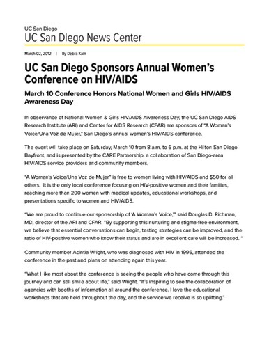 UC San Diego Sponsors Annual Women’s Conference on HIV/AIDS