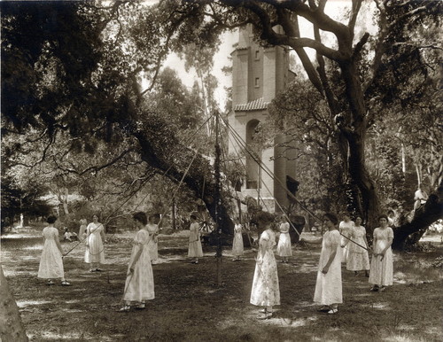 Photograph of a maypole dance at Mills College