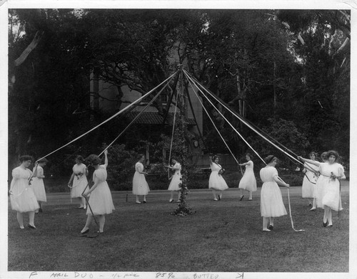Photograph of a maypole dance at Mills College