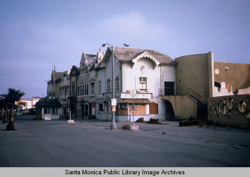 Ruined buildings on the abandoned Pacific Ocean Park Amusement Pier (POP opened July 22, 1958 and was closed in 1967) Santa Monica, Calif