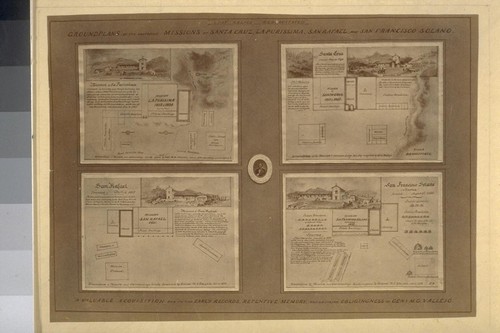 Groundplans of the destroyed missions of Santa Cruz, La Purisima, San Rafael and San Francisco Solano. A valuable acquisition due