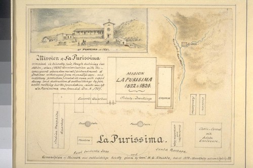 La Purissima [i.e. La Purisima]: Groundplan of mission and outbuildings [with sketch of mission in 1824]. Kindly given by Genl. M.G. Vallejo, Oct. 15, 1878. Thankfully acknowledged by E.V