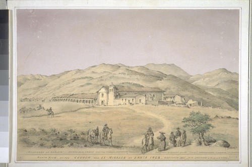 North view of the church and Ex-Mission of Santa Ines, (with groupings of the olden times). 'Alistando la remonta.' Father Blas Ordaz ordering relais, the mayordomo reporting; departure of honored guests, 1833/6, Fernando Deppe, A. Robinson and J. Thompson. (cf. Vischer Pictorial p.109, Vischer Missions no. 9)