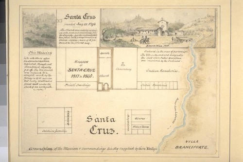 Santa Cruz [ground plan; sketch of mission in 1825]. Ground plan of the mission & surroundings kindly supplied by Genl. Vallejo