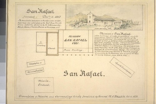 San Rafael. Ground plan of mission and surroundings. Kindly furnished by General M.G. Vallejo Oct. 15, 1878. [Sketch of Mission in upper right, titled San Rafael, 1831.]