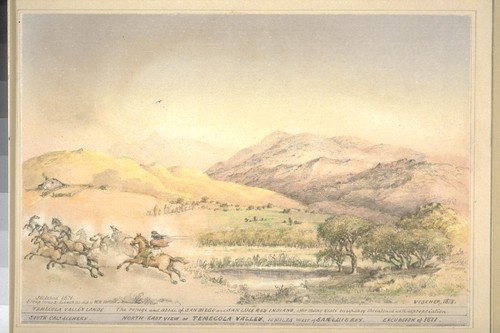 North-east view of Temecola Valley, 10 miles west of San Luis Rey. South-Cala. scenery. Excursion of 1871. Group remodelled with the aid of W.H. Hilton. Temecola Valley lands. The refuge and abode of San Diego and San Luis Rey Indians, after many years occupancy threatened with expropriation