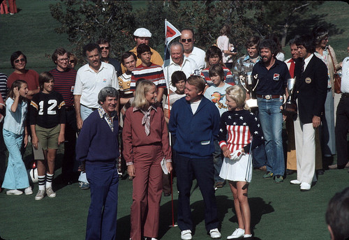 [Doug Sanders, Vin Scully, Laura Baugh at "Challenge of the Sexes" golf competition, 1975 slide]