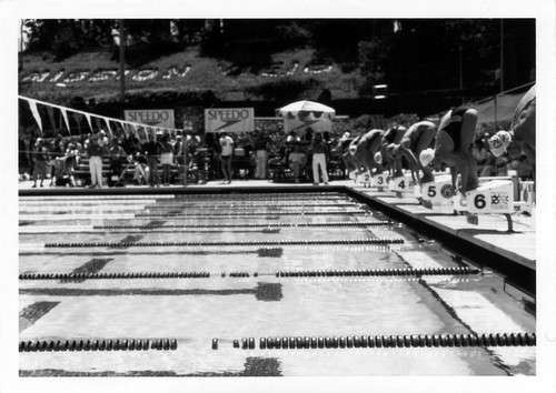 [Swim meet at the Mission Viejo Aquatics Swim Complex, circa 1970s photograph]