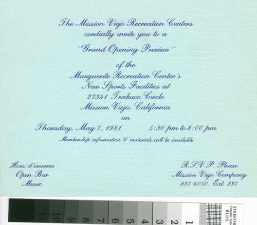 [Invitation to the Marguerite Recreation Center opening]