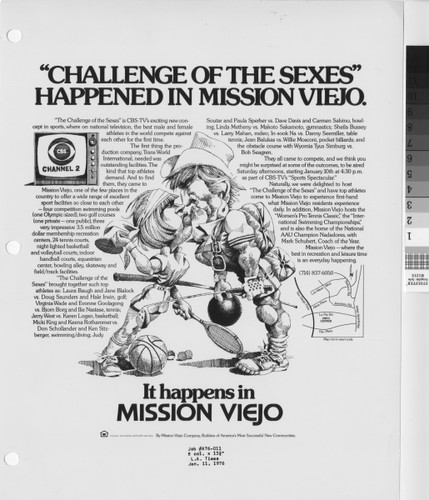 ["Challenge of the Sexes" happened in Mission Viejo, photographic print of advertisement]