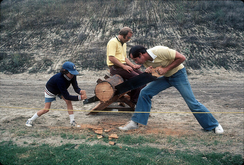 [Log sawing contest at Mission Viejo Days, 1976 slide]