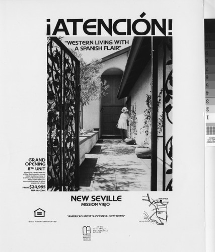 [Atencion! "Western Living with a Spanish Flair" New Seville advertisement photograph]