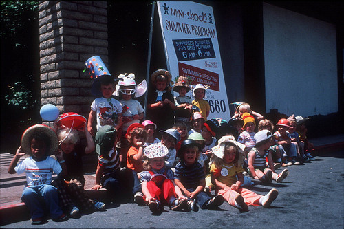 [Mini-Skool's Summer Program sign and students, circa 1977 slide]