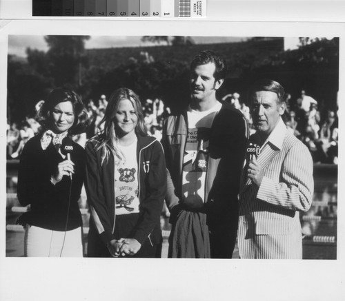 [Phyllis George, Shirley Babashoff, John Naber, Vin Scully at Challenge of the Sexes photograph]