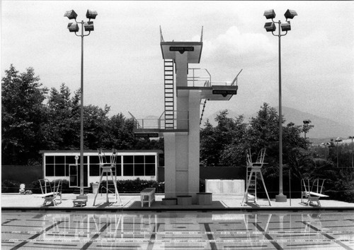[Diving platform and springboards at the Mission Viejo Aquatics Swim Complex, circa 1977 photograph]