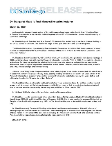 Dr. Margaret Mead is final Mandeville series lecturer