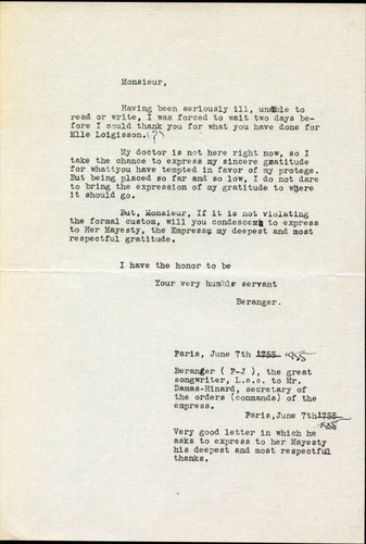 Translation of Beranger's letter to Mr. Damas-Hinard