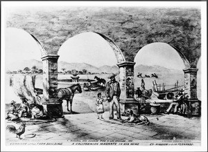 Drawing by Edward Vischer depicting the interior of the Mission San Fernando's patio and General Andres Pico, 1865