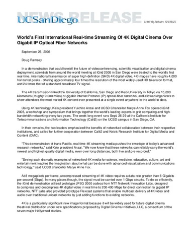 World’s First International Real-time Streaming Of 4K Digital Cinema Over Gigabit IP Optical Fiber Networks