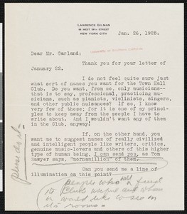 Lawrence Gilman, letter, 1925-01-26, to Hamlin Garland