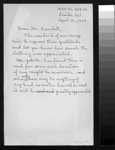 Draft letter, 1947 April 14, Lomita, Calif. to Mr. Hanchett