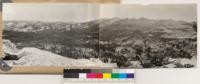 Panorama overlooking Illiouette Basin from Buena Vista Crest. Mt. Starr King on extreme left (319418) and Triple Divide Peak on extreme right (319417). Types range from Jeffrey pine-Red fir-White fir in certain parts of the basin, through Lodgepole pine to Whitebark pine at the upper limits of tree growth