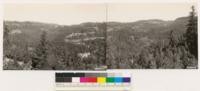 Panorama looking northeast and north across Oregon Creek. Shows young growth stands. Note lava scabland areas which are non-timber sites. North slope in foreground supports sugar pine, Douglas fir, White fir stand with an occasional Incense cedar and California Black oak. Chaparral understory of Arctostaphylos patula, Quercus vaccinifolia and Prunus emarginata