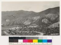 Looking north from Agua Dulce School. Sage type (Eriogonum fasciculatum). Note chamise patches, the darker areas near summit of second ridge, which are relicts of a former dominant type. Los Angeles County