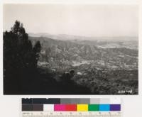 Looking northeast into Nacimiento Valley. Types Knobcone pine, grassy woodland of Douglas oak and valley oak, and chamise