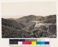 Looking southwest from summit of La Panza Range. Note woodland relict of Douglas oak, coast live oak, and Digger pine almost exterminated by1929 fire. Surrounding chaparral is chamise with Arctostaphylos glauca, Ceanothus cuneatus and Quercus dumosa