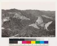 Looking west. Shows orchard and vineyards on steep slopes. Surronded by woodland of madrone and Coast live oak, also California black oak. Note regeneration of Douglas fir