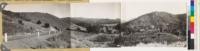 Panorama looking northeast, east, and southeast at Pine Valley. Chaparral types: Adenostoma fasciculatum with occasional Arctostaphylos pungens and Quercus dumosa. Woodland : coast live oak with occasional Coulter and Jeffrey pines. Sagebrush type: Artemisia tridentata and Eriogonum fasciculatum